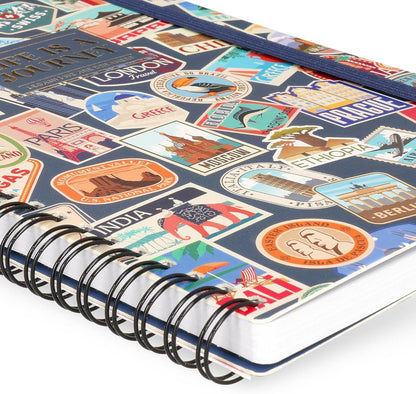 LEGAMI - Spiral notebook with 7 mm ruling, travel stickers, A4 format, large, FSC certified paper, contains 1 sheet of stickers, 160 pages, elastic closure, 15 x 21 cm
