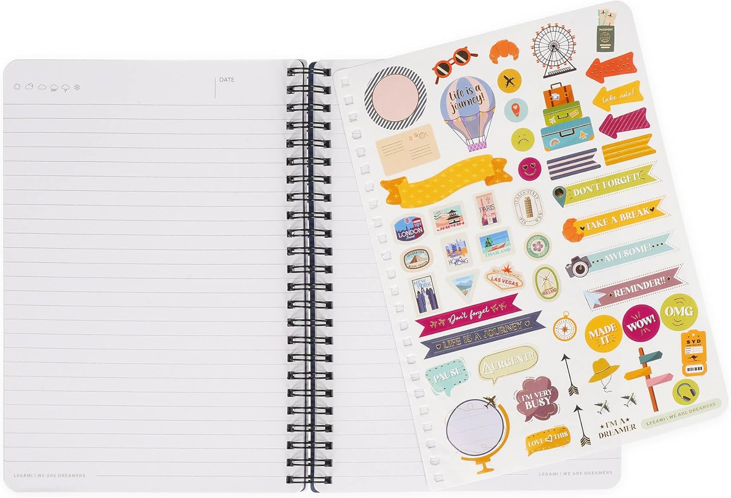 LEGAMI - Spiral notebook with 7 mm ruling, travel stickers, A4 format, large, FSC certified paper, contains 1 sheet of stickers, 160 pages, elastic closure, 15 x 21 cm