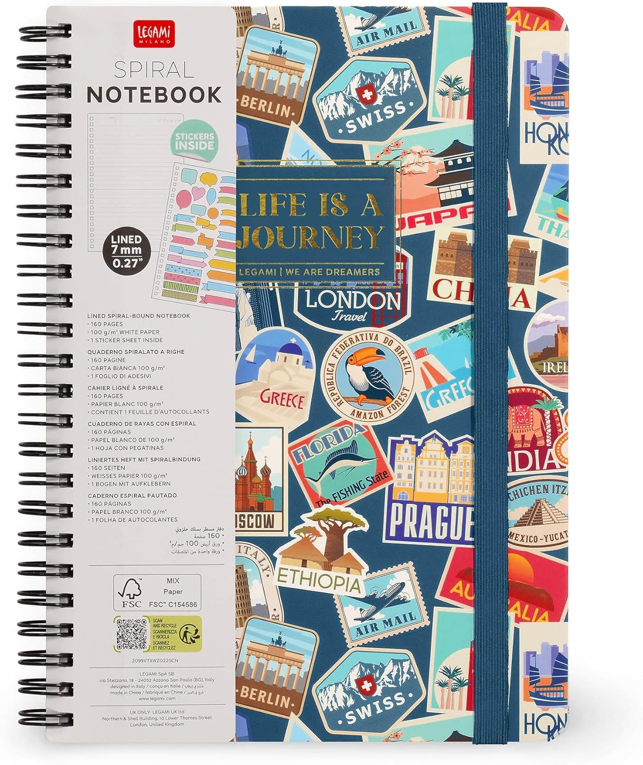 LEGAMI - Spiral notebook with 7 mm ruling, travel stickers, A4 format, large, FSC certified paper, contains 1 sheet of stickers, 160 pages, elastic closure, 15 x 21 cm
