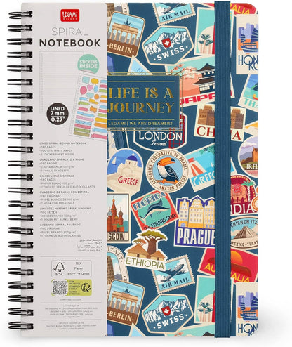 LEGAMI - Spiral notebook with 7 mm ruling, travel stickers, A4 format, large, FSC certified paper, contains 1 sheet of stickers, 160 pages, elastic closure, 15 x 21 cm