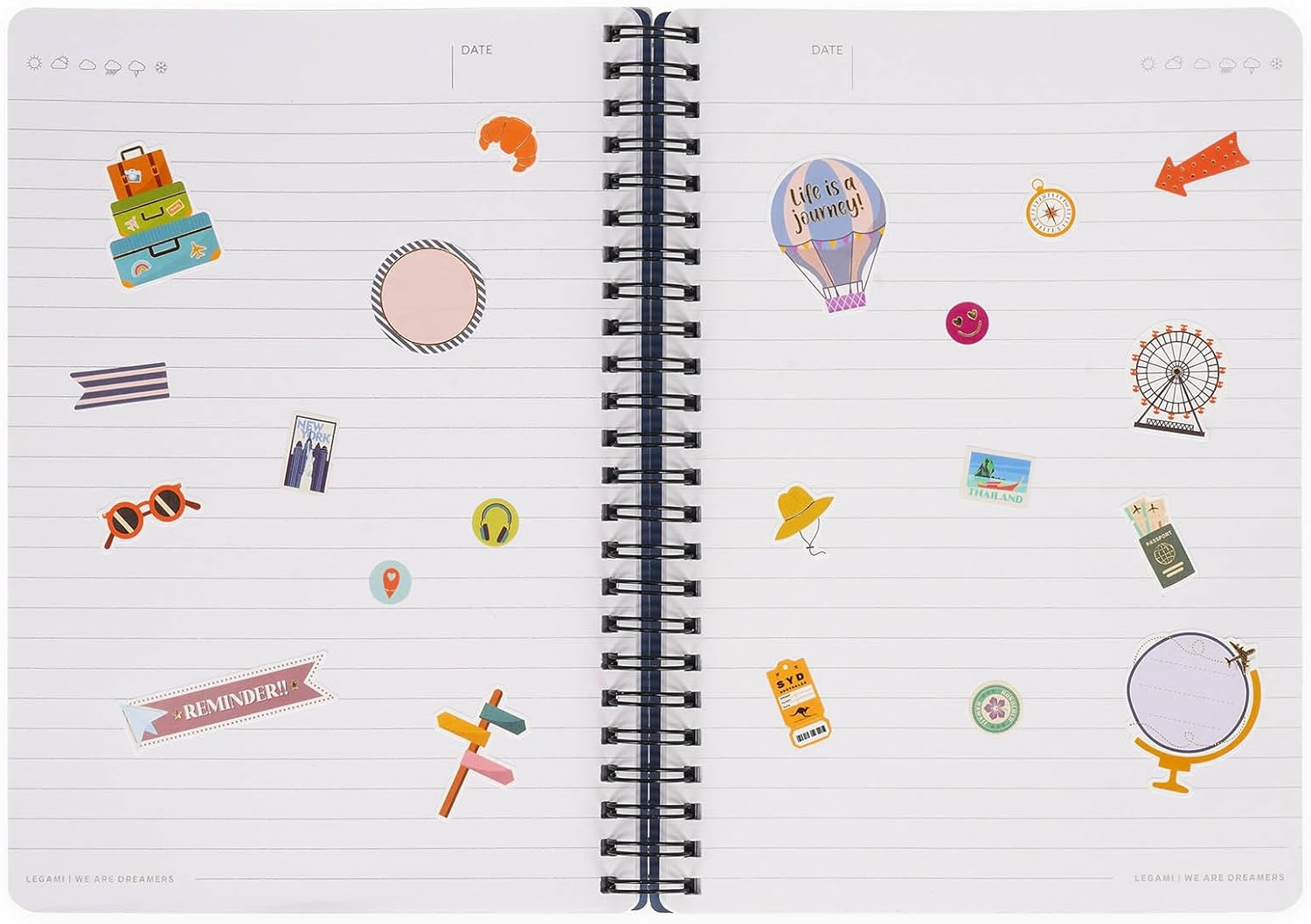 LEGAMI - Spiral notebook with 7 mm ruling, travel stickers, A4 format, large, FSC certified paper, contains 1 sheet of stickers, 160 pages, elastic closure, 15 x 21 cm