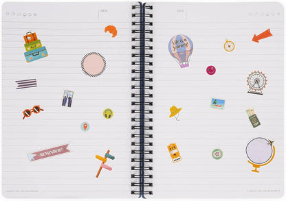 LEGAMI - Spiral notebook with 7 mm ruling, travel stickers, A4 format, large, FSC certified paper, contains 1 sheet of stickers, 160 pages, elastic closure, 15 x 21 cm