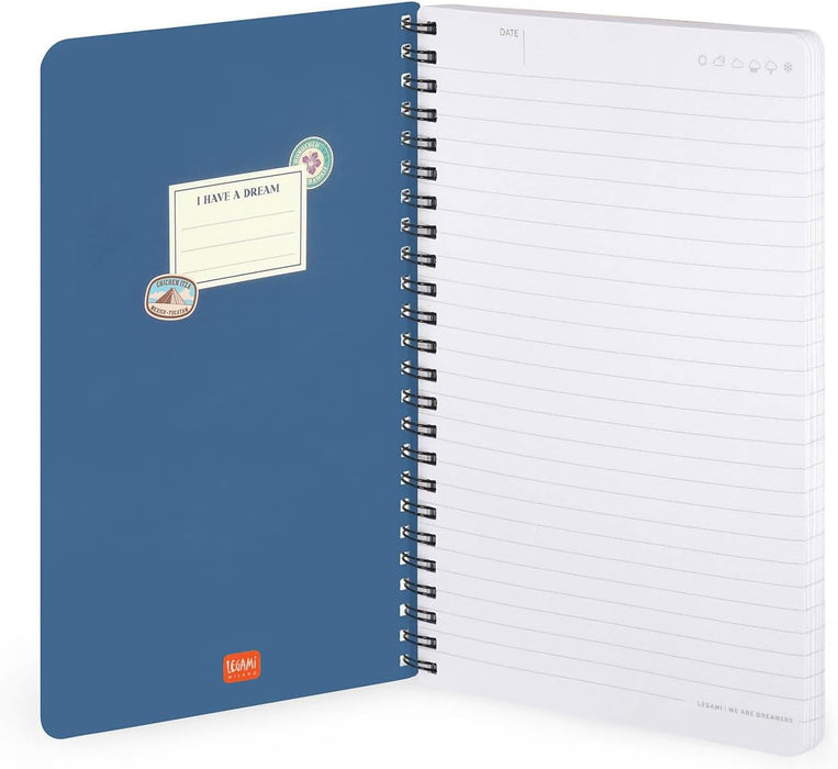 LEGAMI - Spiral notebook with 7 mm ruling, travel stickers, A4 format, large, FSC certified paper, contains 1 sheet of stickers, 160 pages, elastic closure, 15 x 21 cm