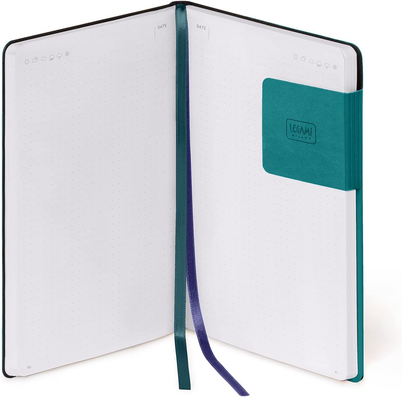 Legami - Dot Notebook, Medium, 192 Pages, Soft PU Cover, FSC® Certified Paper, White Paper 100 g/m², Double Bookmark, Elastic Closure, 13x21 cm, Colour Malachite green