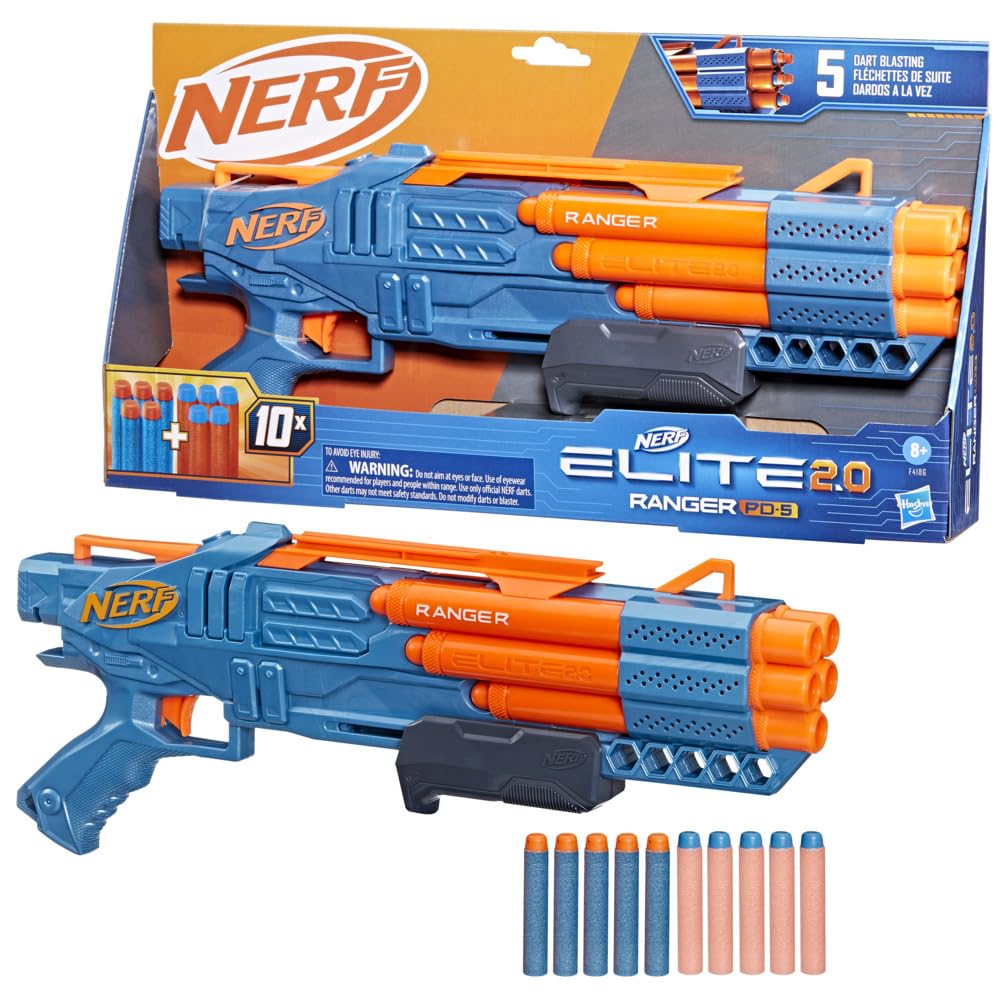 Hasbro, Nerf Elite 2.0 Ranger PD-5, inclusief 1 aanpasbare launcher met 5 kanonnen, 10 officiële elite-darts en handleiding voor jongens en meisjes vanaf 8 jaar