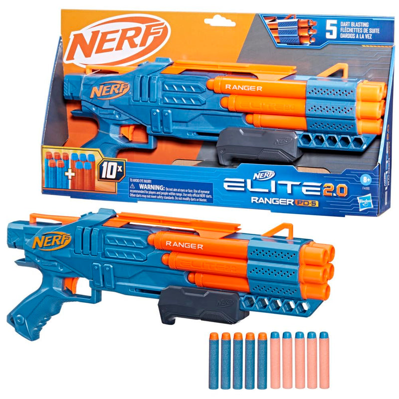 Hasbro, Nerf Elite 2.0 Ranger PD-5, inclusief 1 aanpasbare launcher met 5 kanonnen, 10 officiële elite-darts en handleiding voor jongens en meisjes vanaf 8 jaar