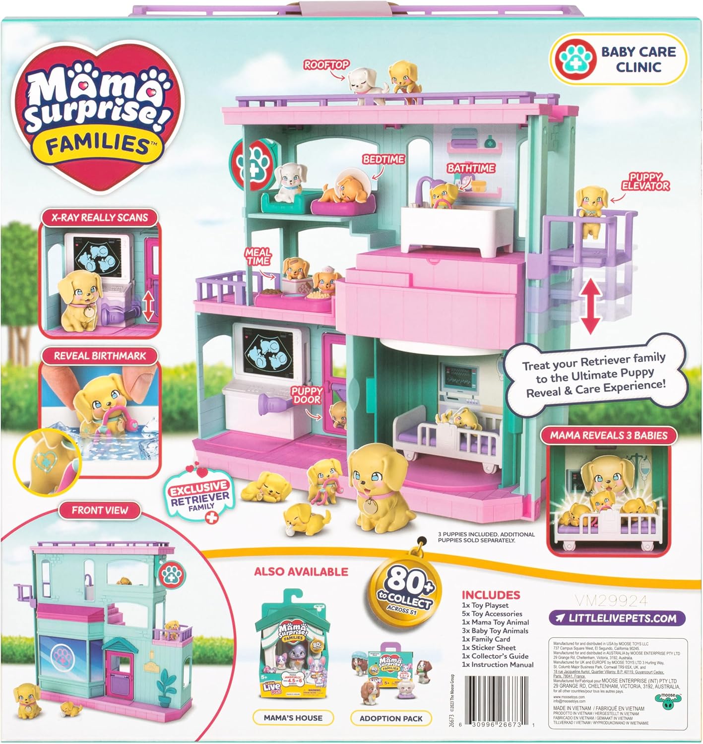 Little Live Pets Mama Surprise Families Baby Kliniek Speelset, 3 Retriever-Puppy's Onthullen Magisch, Dubbelzijdige Speelset (27,8 cm breed, 23,8 cm hoog). Voeden, baden & Spelen, Cadeau voor Kinderen