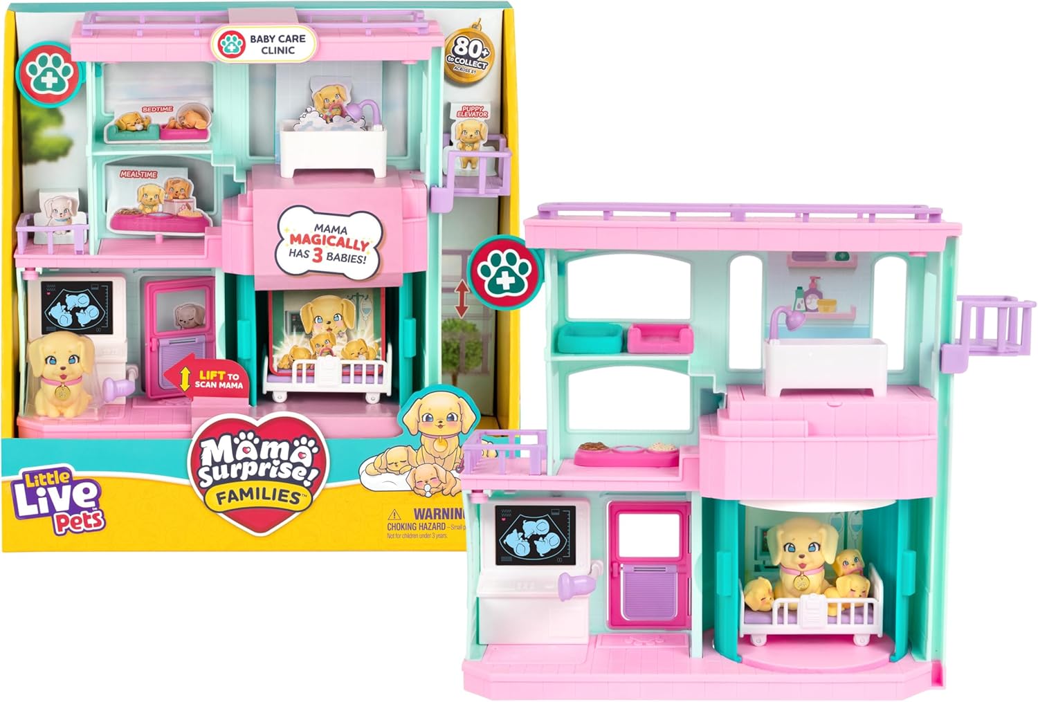Little Live Pets Mama Surprise Families Baby Kliniek Speelset, 3 Retriever-Puppy's Onthullen Magisch, Dubbelzijdige Speelset (27,8 cm breed, 23,8 cm hoog). Voeden, baden & Spelen, Cadeau voor Kinderen