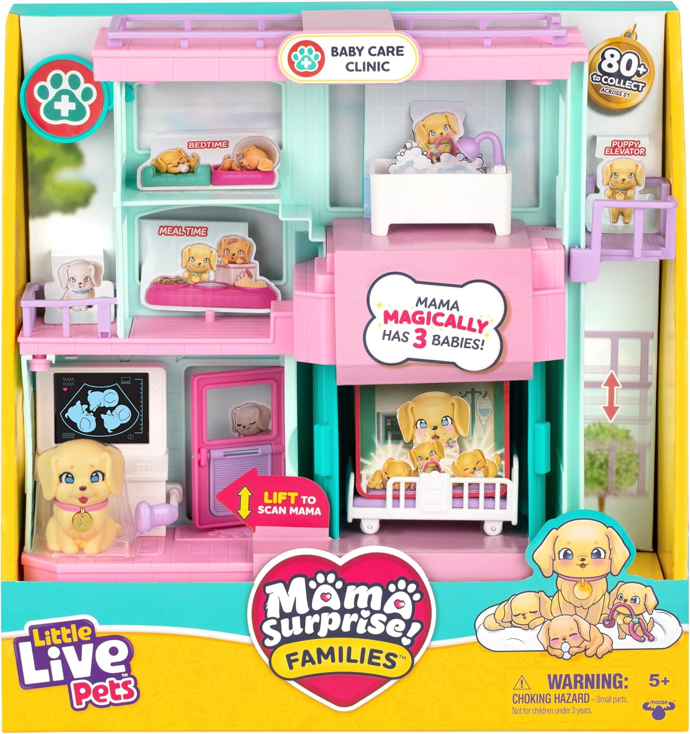 Little Live Pets Mama Surprise Families Baby Kliniek Speelset, 3 Retriever-Puppy's Onthullen Magisch, Dubbelzijdige Speelset (27,8 cm breed, 23,8 cm hoog). Voeden, baden & Spelen, Cadeau voor Kinderen