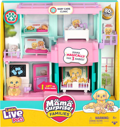 Little Live Pets Mama Surprise Families Baby Kliniek Speelset, 3 Retriever-Puppy's Onthullen Magisch, Dubbelzijdige Speelset (27,8 cm breed, 23,8 cm hoog). Voeden, baden & Spelen, Cadeau voor Kinderen