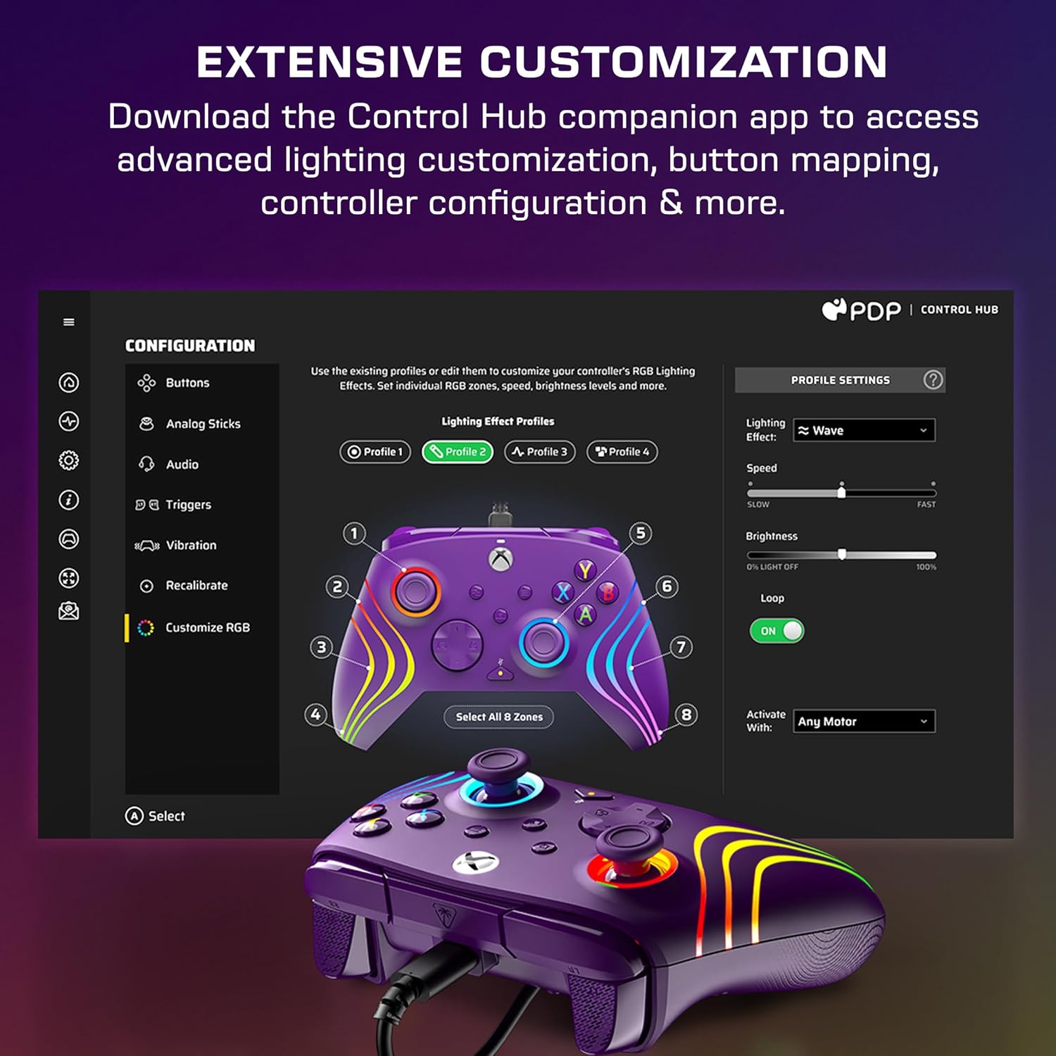 Turtle Beach Afterglow Wave Paars Bekabelde RGB-Gamingcontroller – Gelicentieerd voor Xbox Series X en S, Xbox One en Windows – Toewijsbare knoppen, Hall-Effect-Hairtriggers, Audiobediening