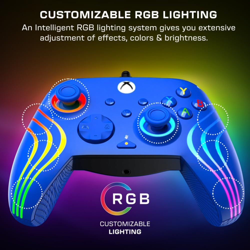 Turtle Beach Afterglow Wave Blauw Bekabelde RGB-Gamingcontroller – Gelicentieerd voor Xbox Series X en S, Xbox One en Windows – Toewijsbare knoppen, Hall-Effect-Hairtriggers, Audiobediening