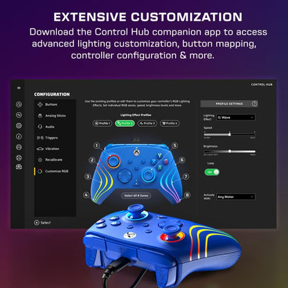 Turtle Beach Afterglow Wave Blauw Bekabelde RGB-Gamingcontroller – Gelicentieerd voor Xbox Series X en S, Xbox One en Windows – Toewijsbare knoppen, Hall-Effect-Hairtriggers, Audiobediening