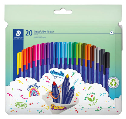 STAEDTLER triplus color Filzstifte 323, dreikant, stabile, eindrucksichere Spitze, ca. 1 mm, aus 97% Rezyklat, Made in Germany, Set mit 20 brillanten Fasermaler im Kartonetui, 323 C20