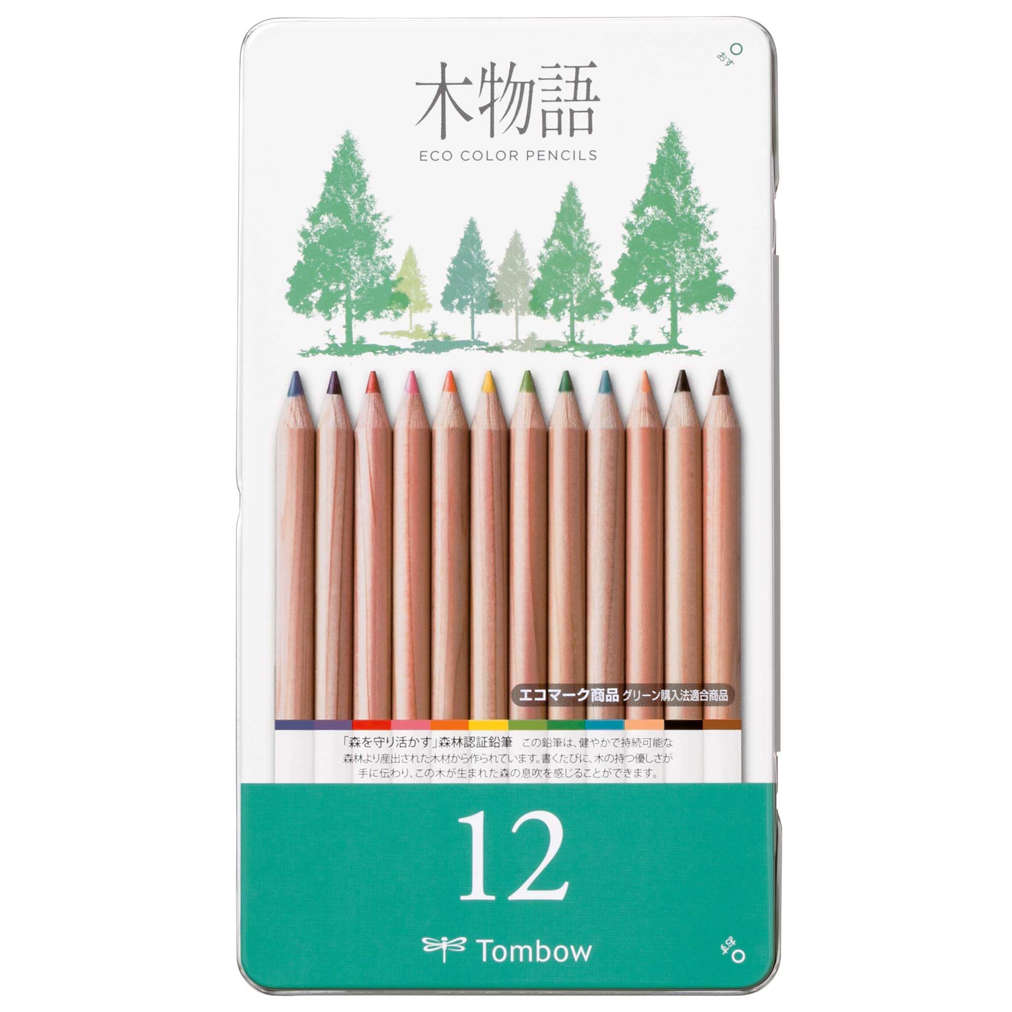 Tombow Ki-Monogatari Eco coloured pencil, practical metal box, PEFC certified, wax-based, set of 12