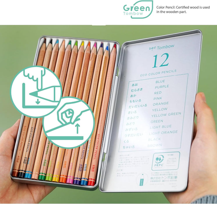 Tombow Ki-Monogatari Eco coloured pencil, practical metal box, PEFC certified, wax-based, set of 12