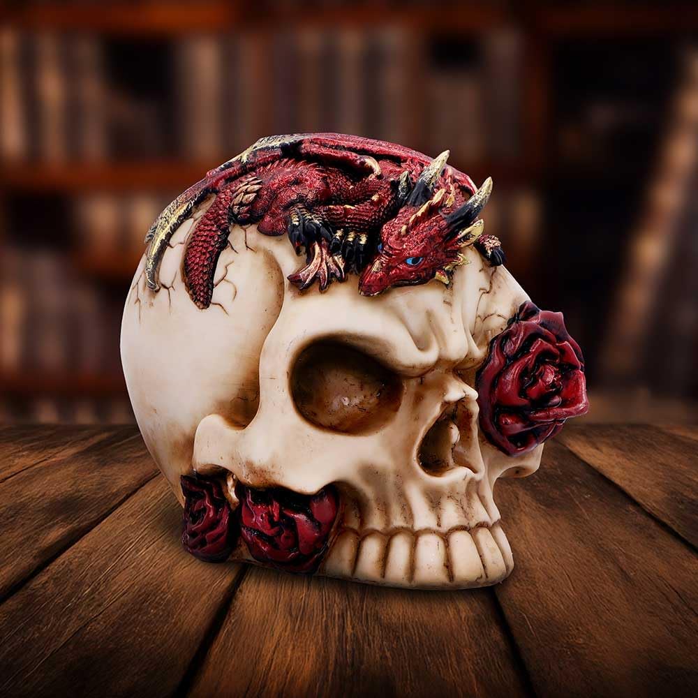 Nemesis Now Rose Flame Skull Figurine – Sleeping Red Dragon on Bone-Colored Skull with Rose and Cracked Finish, Resin Decor 14.5 cm