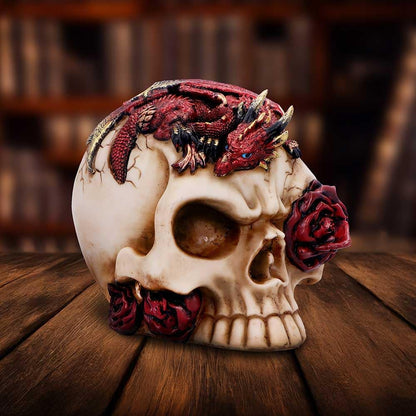 Nemesis Now Rose Flame Skull Figurine – Sleeping Red Dragon on Bone-Colored Skull with Rose and Cracked Finish, Resin Decor 14.5 cm