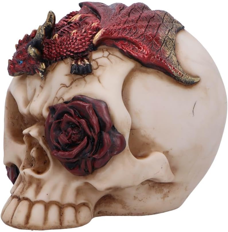 Nemesis Now Rose Flame Skull Figurine – Sleeping Red Dragon on Bone-Colored Skull with Rose and Cracked Finish, Resin Decor 14.5 cm