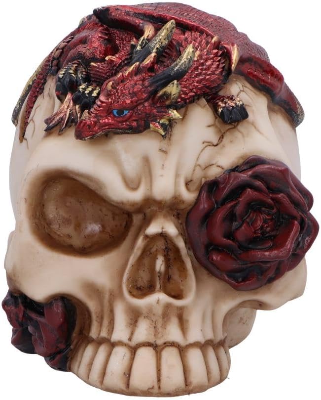 Nemesis Now Rose Flame Skull Figurine – Sleeping Red Dragon on Bone-Colored Skull with Rose and Cracked Finish, Resin Decor 14.5 cm