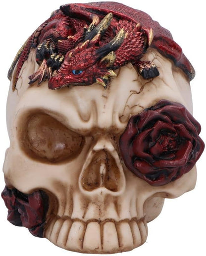 Nemesis Now Rose Flame Skull Figurine – Sleeping Red Dragon on Bone-Colored Skull with Rose and Cracked Finish, Resin Decor 14.5 cm