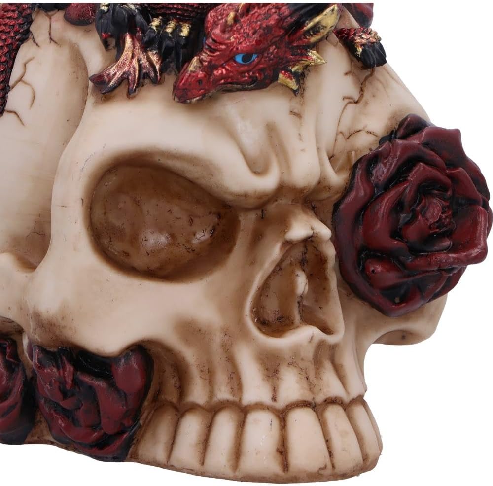 Nemesis Now Rose Flame Skull Figurine – Sleeping Red Dragon on Bone-Colored Skull with Rose and Cracked Finish, Resin Decor 14.5 cm