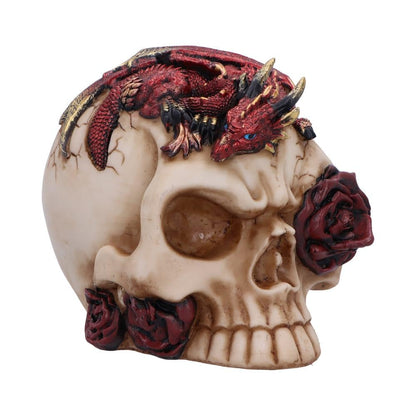 Nemesis Now Rose Flame Skull Figurine – Sleeping Red Dragon on Bone-Colored Skull with Rose and Cracked Finish, Resin Decor 14.5 cm