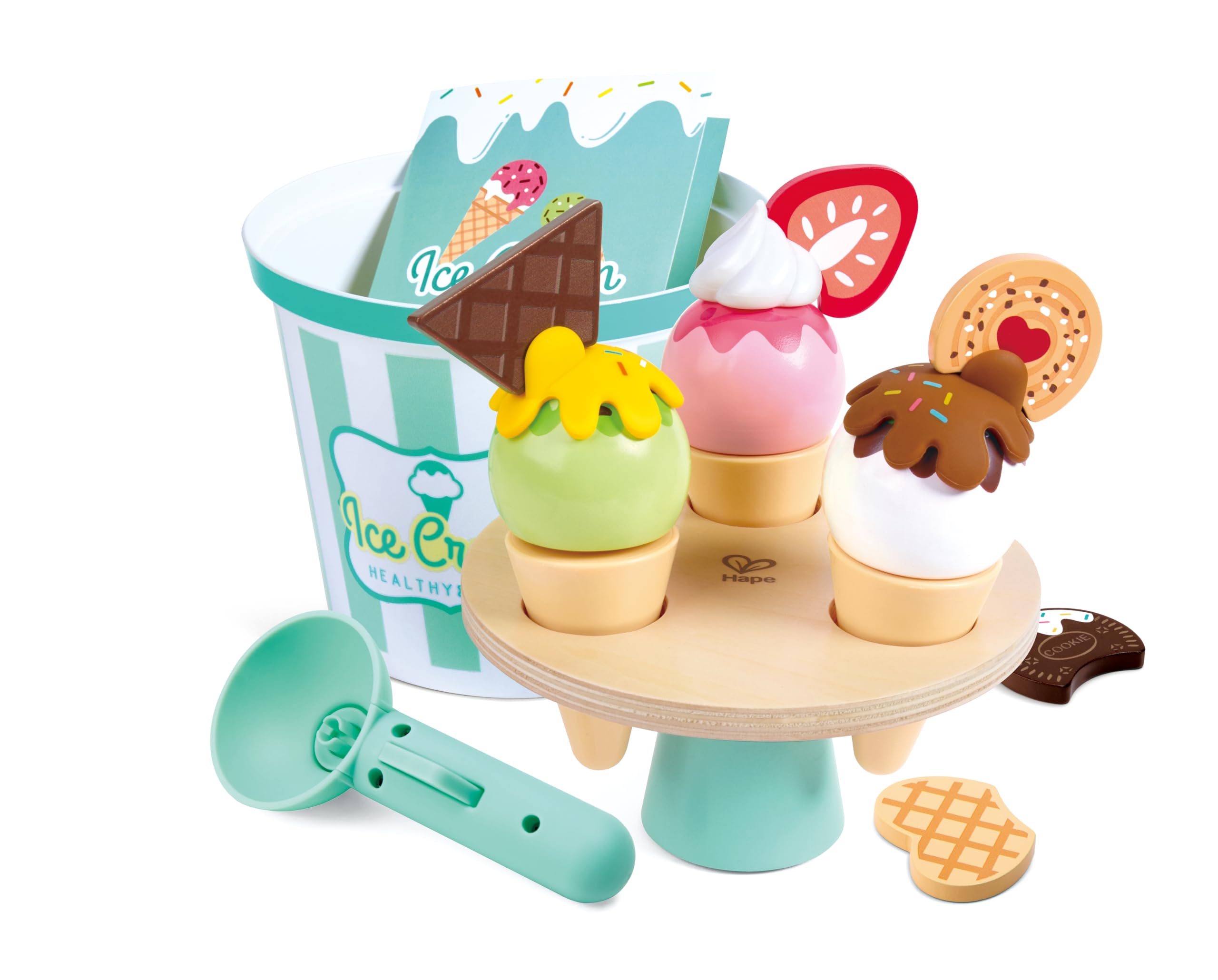 Hape Scoop & Serve Ice Cream Set | Wooden Pretend Food Toy with Bucket, Scoop, Rotating Display Machine, Cones & Accessories | Educational Role Play Dessert Playset for Kids