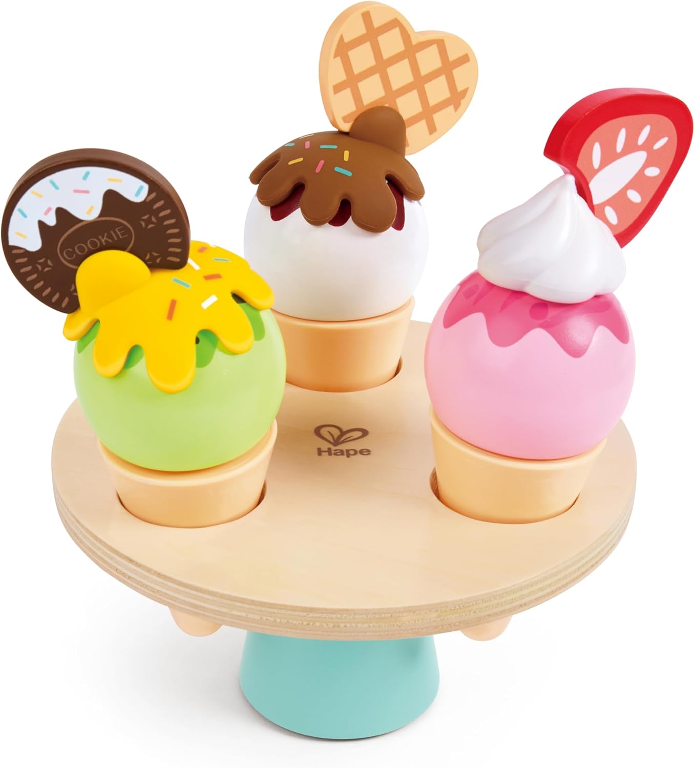 Hape Scoop & Serve Ice Cream Set | Wooden Pretend Food Toy with Bucket, Scoop, Rotating Display Machine, Cones & Accessories | Educational Role Play Dessert Playset for Kids