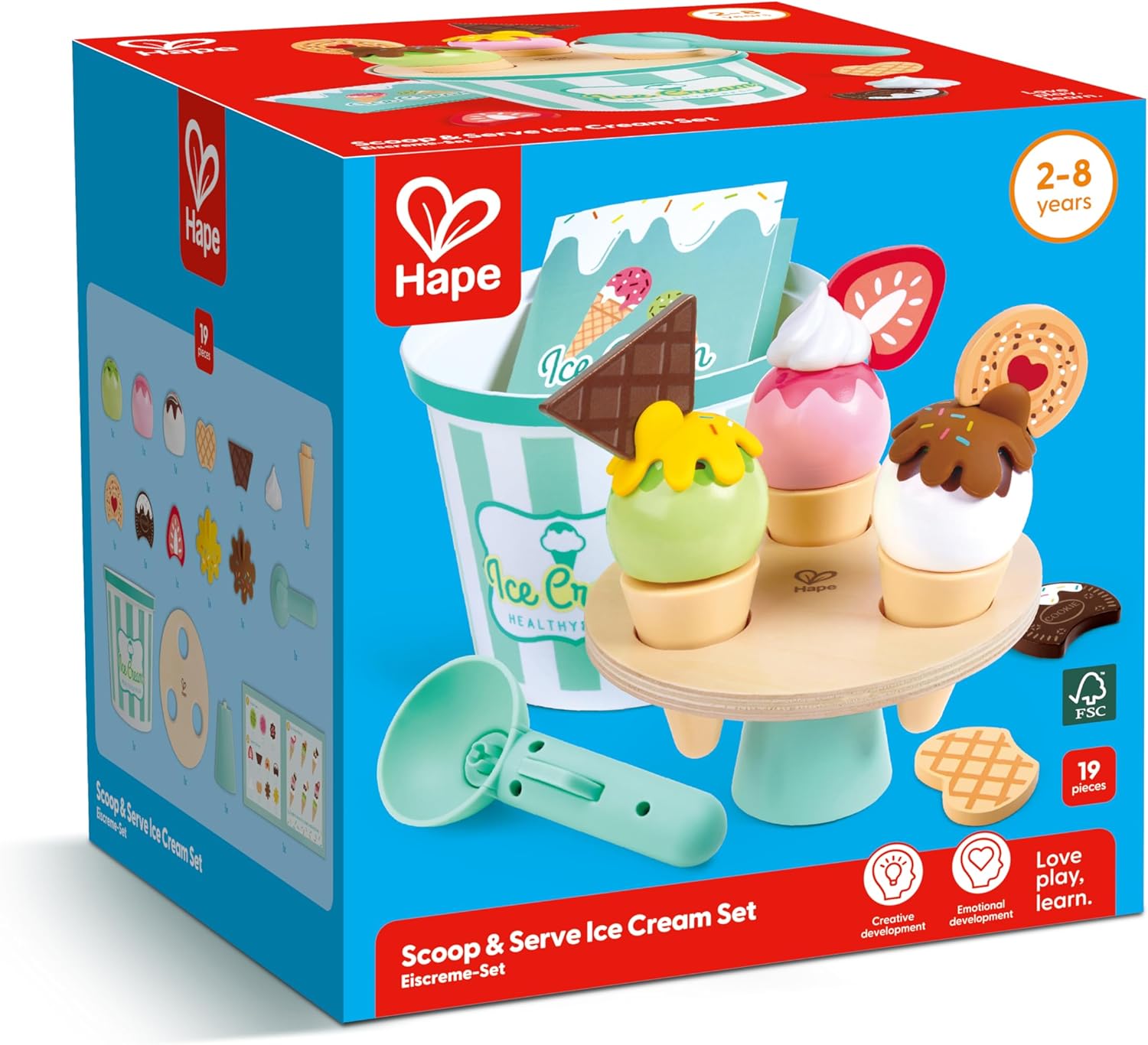 Hape Scoop & Serve Ice Cream Set | Wooden Pretend Food Toy with Bucket, Scoop, Rotating Display Machine, Cones & Accessories | Educational Role Play Dessert Playset for Kids
