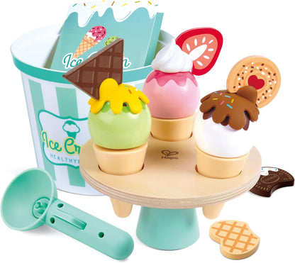 Hape Scoop & Serve Ice Cream Set | Wooden Pretend Food Toy with Bucket, Scoop, Rotating Display Machine, Cones & Accessories | Educational Role Play Dessert Playset for Kids