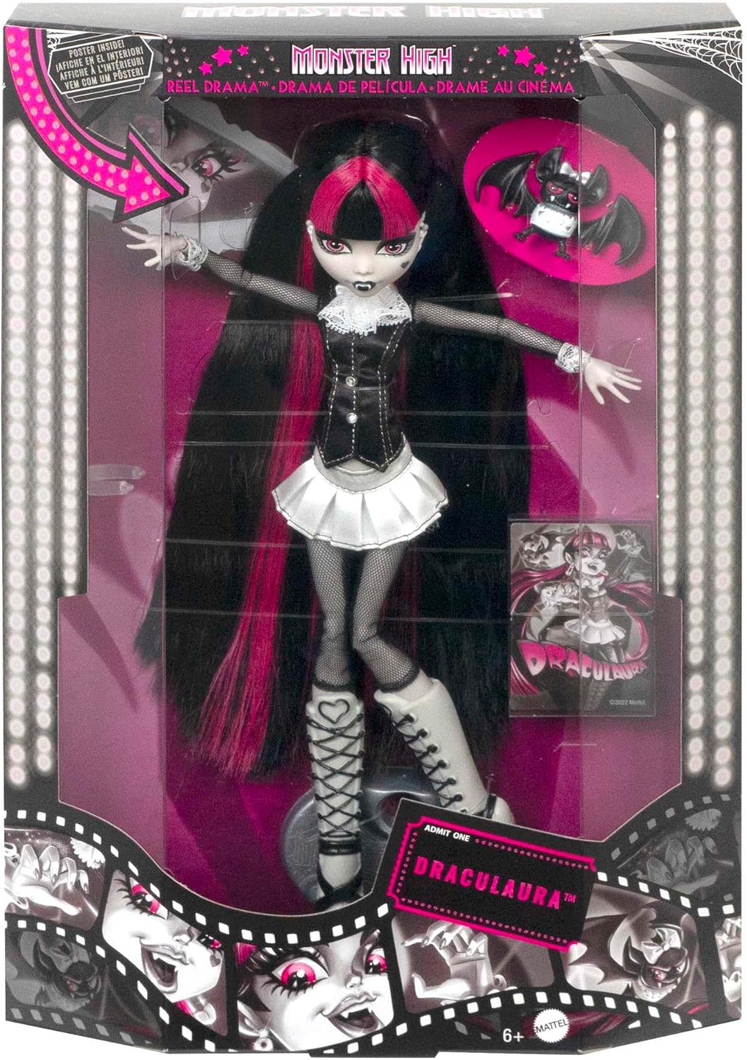 Monster High Doll, Draculaura in Black and White, Reel Drama Collector, Doll-Size and Life-Size Posters, Horror Flick Theme, Toys and Gifts, HKN27