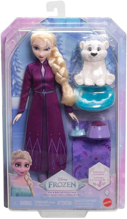 Mattel Disney Frozen Elsa Muñeca de moda y osito con 4 accesorios como cama y manta para el animal, inspirado en 'Animals of Arendelle', JFG16