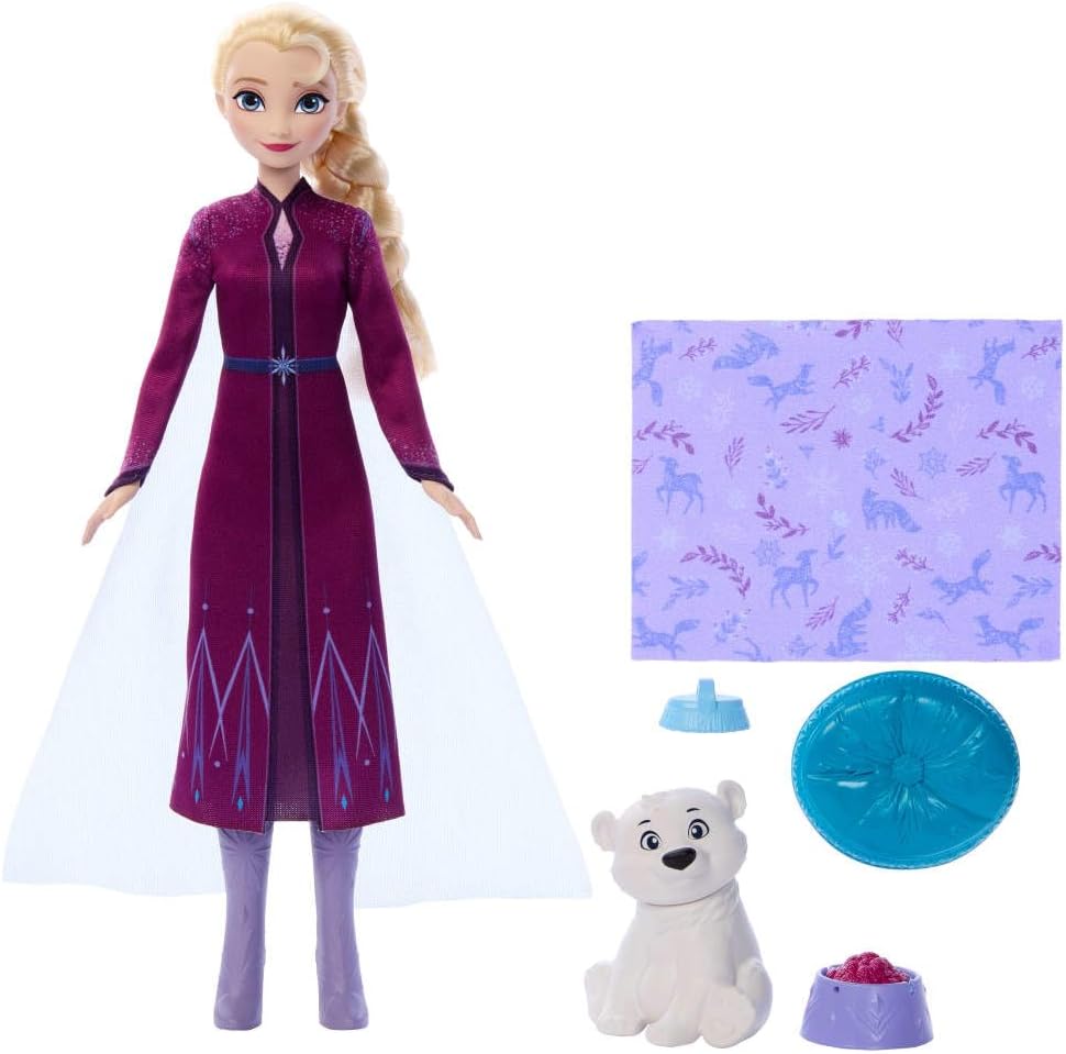 Mattel Disney Frozen Elsa Muñeca de moda y osito con 4 accesorios como cama y manta para el animal, inspirado en 'Animals of Arendelle', JFG16