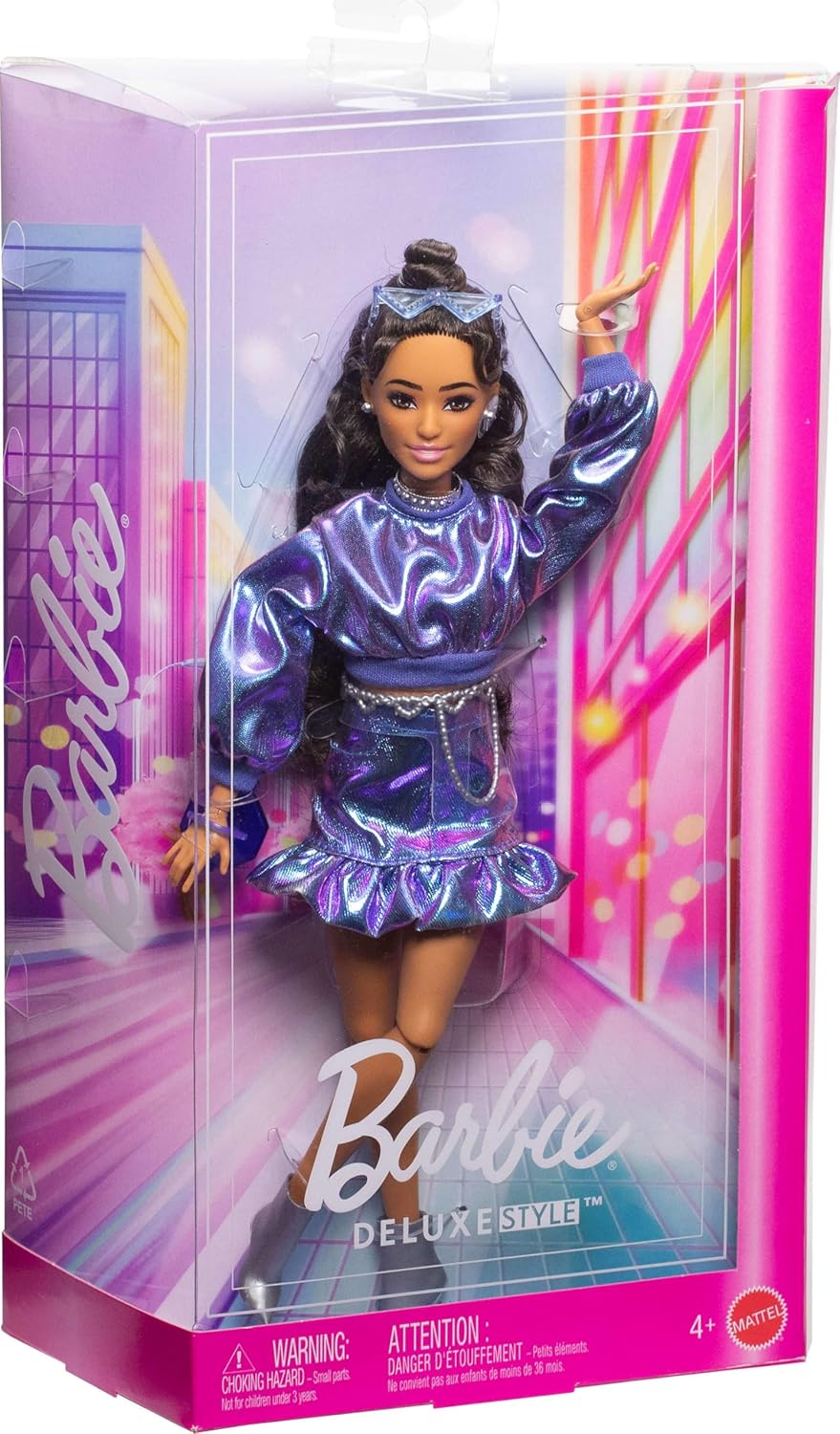 Barbie Deluxe Style Doll #7 in Metallic Blue Top and Skirt, Wavy Brown Hair, Accessories like Silvery Jewelry, Crystal Handbag and Sunglasses, JFP42