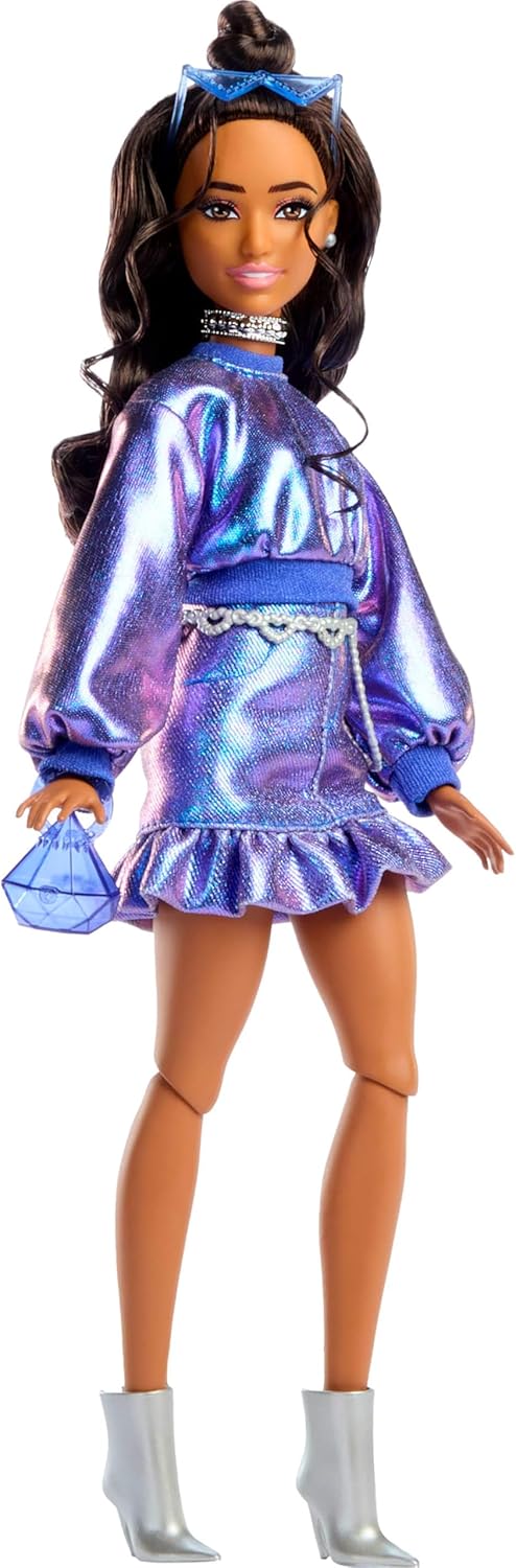Barbie Deluxe Style Doll #7 in Metallic Blue Top and Skirt, Wavy Brown Hair, Accessories like Silvery Jewelry, Crystal Handbag and Sunglasses, JFP42