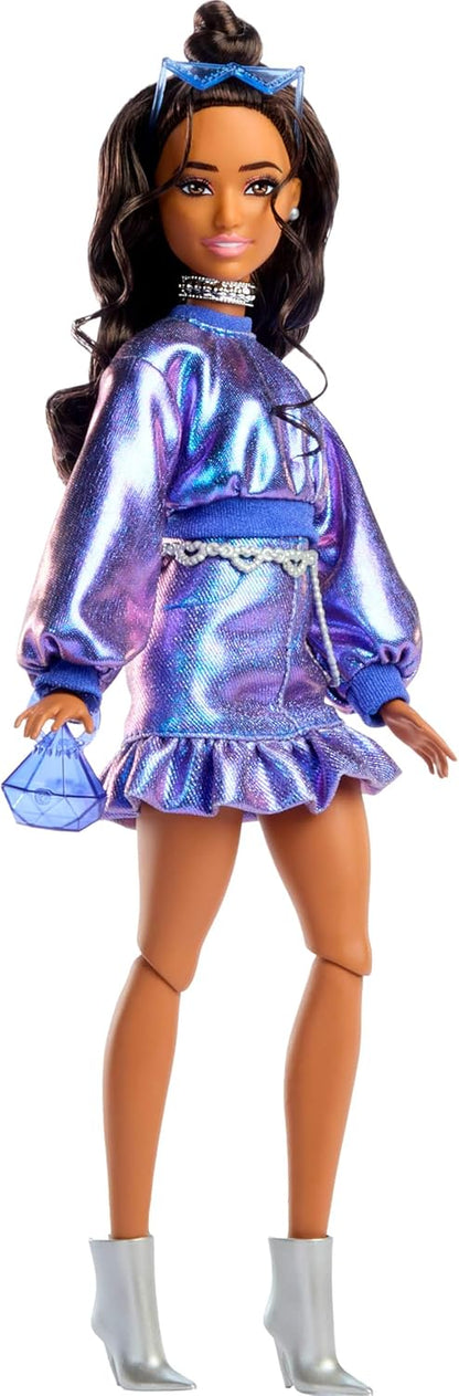 Barbie Deluxe Style Doll #7 in Metallic Blue Top and Skirt, Wavy Brown Hair, Accessories like Silvery Jewelry, Crystal Handbag and Sunglasses, JFP42