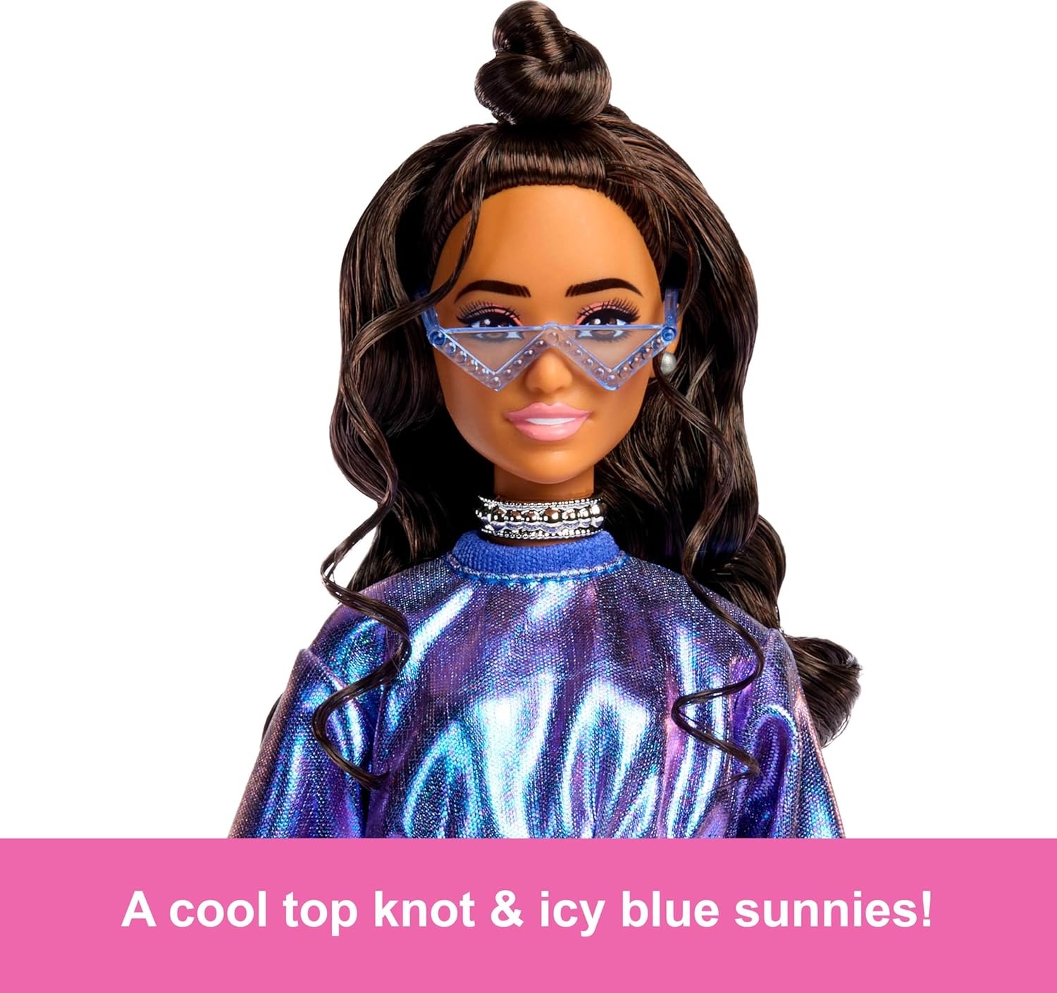 Barbie Deluxe Style Doll #7 in Metallic Blue Top and Skirt, Wavy Brown Hair, Accessories like Silvery Jewelry, Crystal Handbag and Sunglasses, JFP42