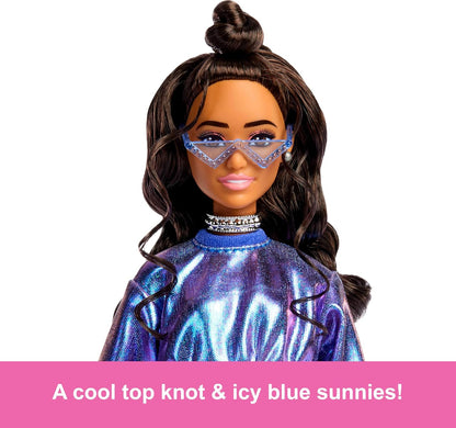 Barbie Deluxe Style Doll #7 in Metallic Blue Top and Skirt, Wavy Brown Hair, Accessories like Silvery Jewelry, Crystal Handbag and Sunglasses, JFP42