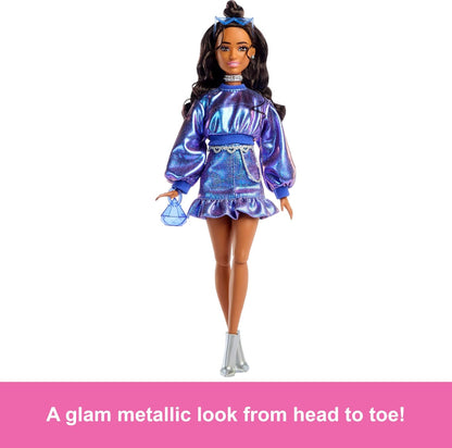 Barbie Deluxe Style Doll #7 in Metallic Blue Top and Skirt, Wavy Brown Hair, Accessories like Silvery Jewelry, Crystal Handbag and Sunglasses, JFP42