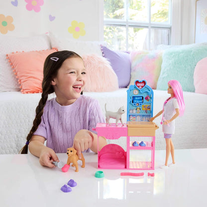 Barbie Fast Cast Veterinarian Clinic Playset with Pink Colored Hair Fashion Doll, Vet Furniture & 10+ Accessories Including Molds & Dough for Bandages