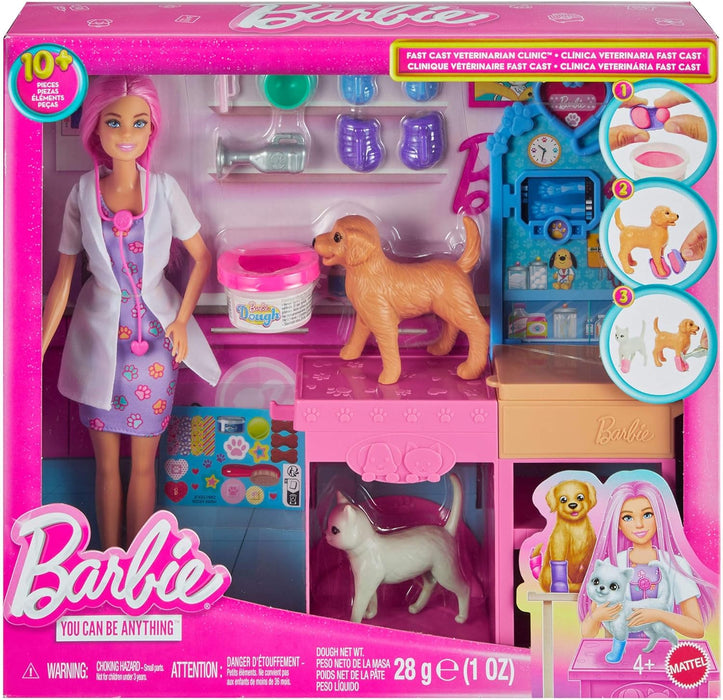 Barbie Fast Cast Veterinarian Clinic Playset with Pink Colored Hair Fashion Doll, Vet Furniture & 10+ Accessories Including Molds & Dough for Bandages