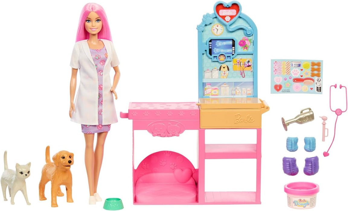 Barbie Fast Cast Veterinarian Clinic Playset with Pink Colored Hair Fashion Doll, Vet Furniture & 10+ Accessories Including Molds & Dough for Bandages