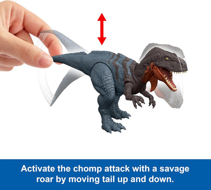 Mattel Jurassic World Rebirth Wild Roar Dinosaur Toy, Abelisaurus Posable Figure, Tail-Controlled Chomp Multi-Direction Attack & Sound, Digital Play, JGB91