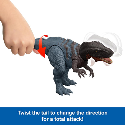 Mattel Jurassic World Rebirth Wild Roar Dinosaur Toy, Abelisaurus Posable Figure, Tail-Controlled Chomp Multi-Direction Attack & Sound, Digital Play, JGB91