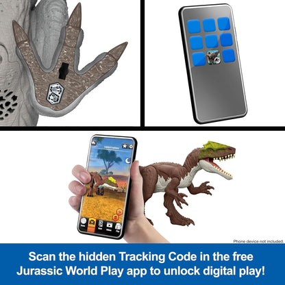 Mattel Jurassic World Rebirth Wild Roar Dinosaur Toy, Abelisaurus Posable Figure, Tail-Controlled Chomp Multi-Direction Attack & Sound, Digital Play, JGB91