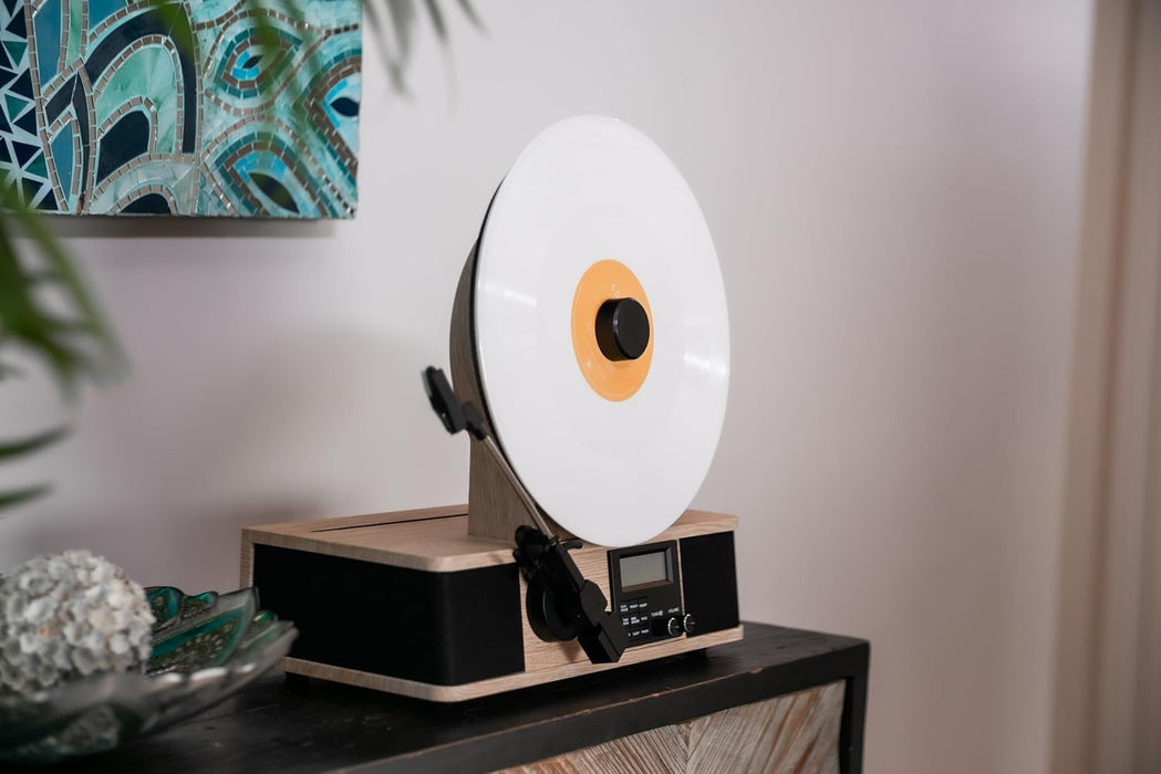 Wrap Vertical Record Player With Bluetooth In/Out. Fm Radio. And Built-In Album Cover Holder