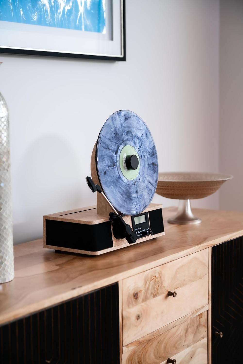 Wrap Vertical Record Player With Bluetooth In/Out. Fm Radio. And Built-In Album Cover Holder