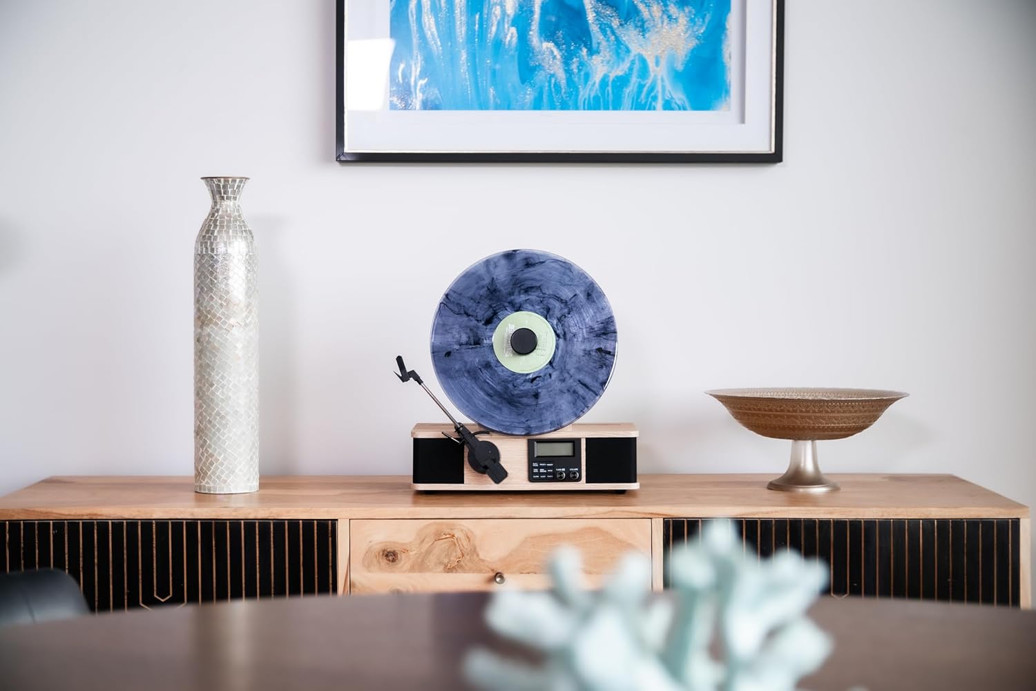 Wrap Vertical Record Player With Bluetooth In/Out. Fm Radio. And Built-In Album Cover Holder