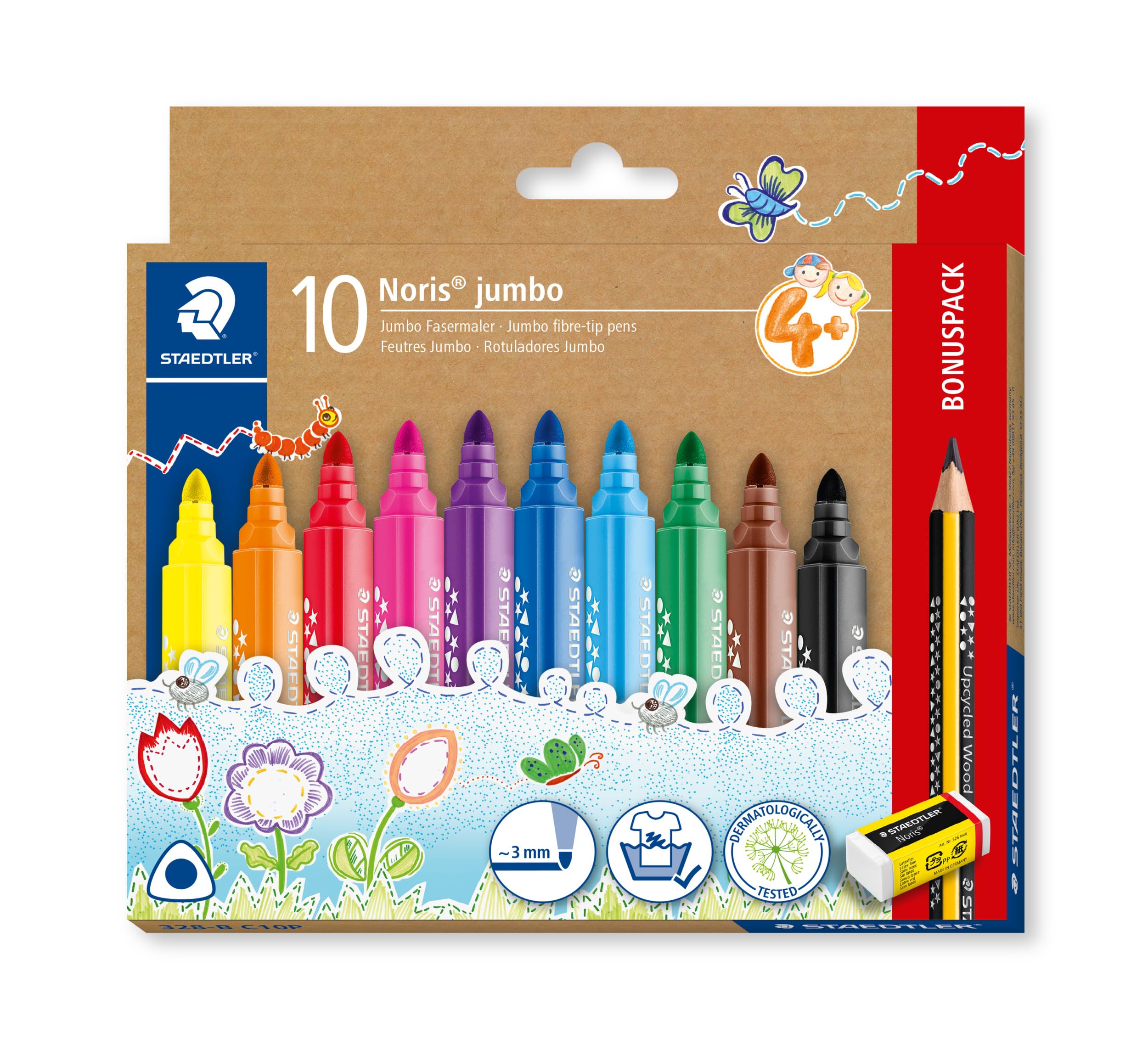 STAEDTLER Noris jumbo 328-B driekantige jumbo viltstift, ergonomische dikke schacht, aantrekkelijk sterrenreliëf, kartonnen etui met 10 viltstiften, promotie, 328-B C10P